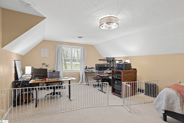 carpeted office space featuring vaulted ceiling and a textured ceiling