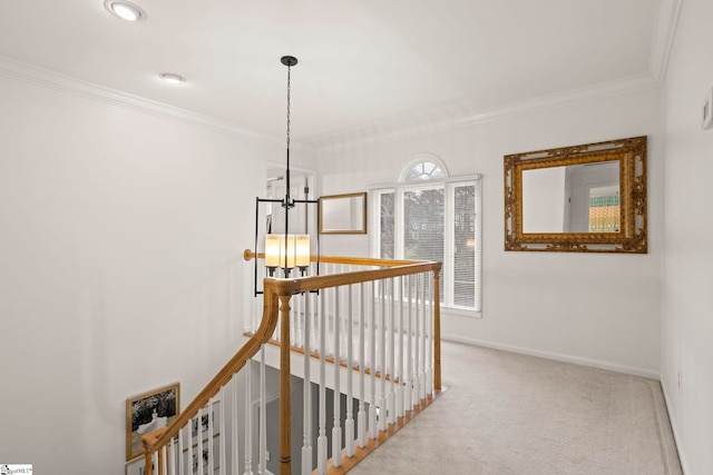 corridor featuring crown molding and light carpet