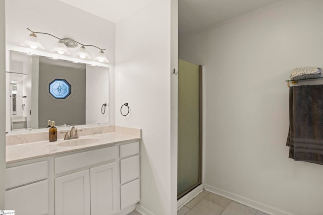 bathroom with tile patterned flooring, vanity, and an enclosed shower