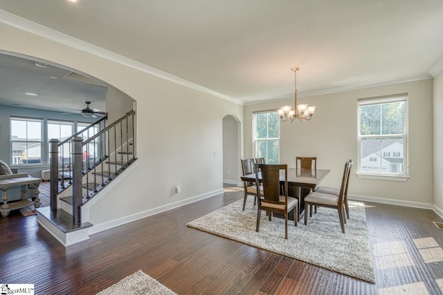 dining space featuring crown molding, dark wood-type flooring, and ceiling fan with notable chandelier