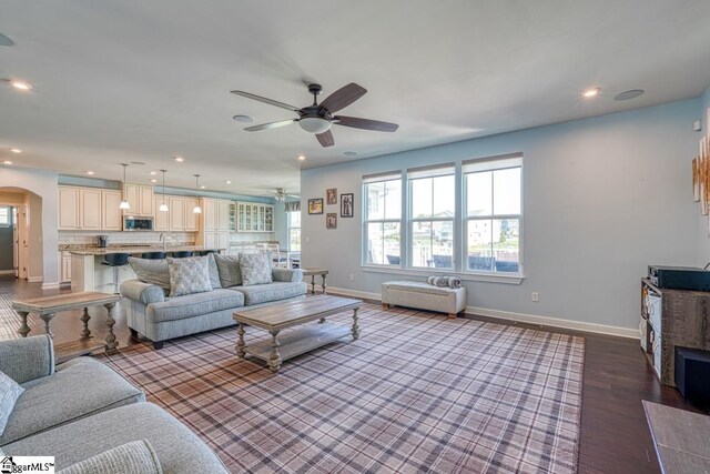 living room featuring ceiling fan and hardwood / wood-style floors