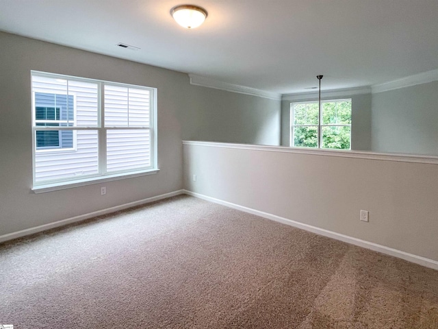 carpeted empty room with ornamental molding