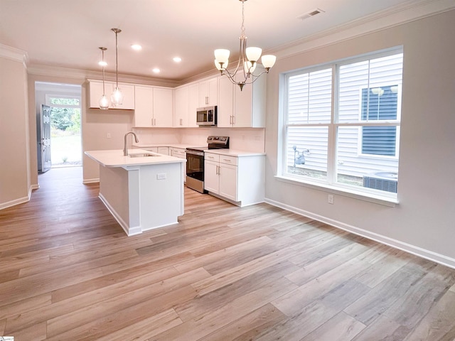 kitchen featuring white cabinetry, sink, stainless steel appliances, and an island with sink