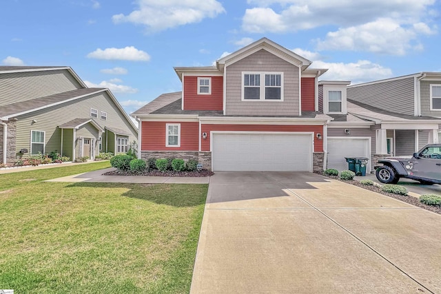 view of front of house featuring an attached garage, stone siding, a front lawn, and concrete driveway