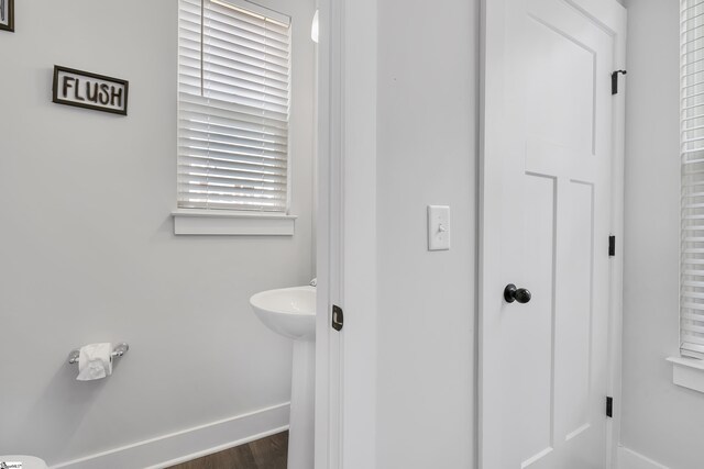 bathroom with hardwood / wood-style flooring and a healthy amount of sunlight