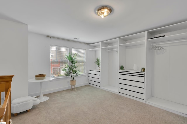 spacious closet featuring light colored carpet