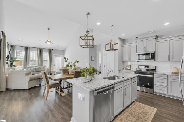 kitchen featuring stainless steel appliances, dark hardwood / wood-style flooring, sink, a center island with sink, and backsplash