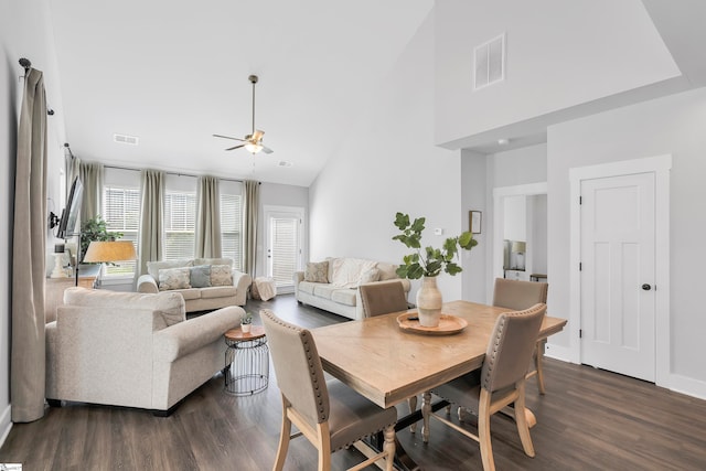 dining space featuring dark hardwood / wood-style floors, high vaulted ceiling, and ceiling fan