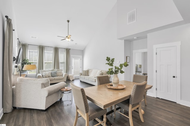 dining room with high vaulted ceiling, dark wood-style flooring, visible vents, and a ceiling fan