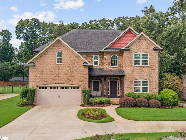 craftsman-style house with a garage and a front lawn