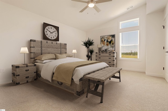 bedroom featuring visible vents, baseboards, lofted ceiling, ceiling fan, and light colored carpet