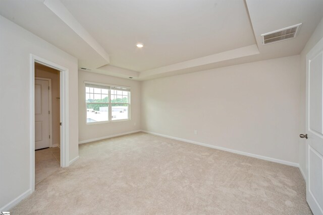 spare room featuring light colored carpet and a tray ceiling