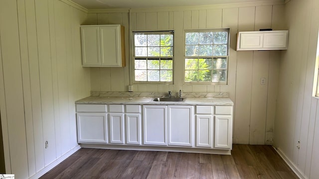 kitchen with white cabinets, dark wood-type flooring, sink, and ornamental molding