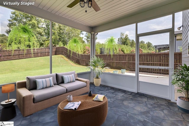 sunroom / solarium featuring a ceiling fan and wood ceiling