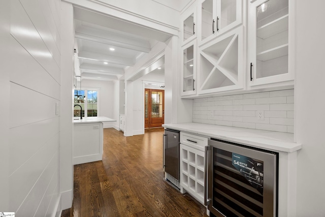1 Mapleton Dr, Greenville, SC 29607 - indoor dry bar featuring beverage cooler, decorative backsplash, dark wood finished floors, beam ceiling, and recessed lighting