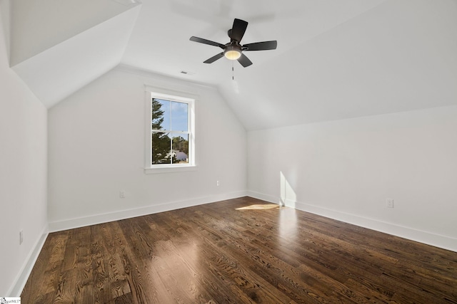 additional living space featuring hardwood / wood-style flooring, ceiling fan, and vaulted ceiling