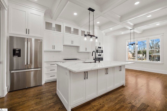 1 Mapleton Dr, Greenville, SC 29607 - kitchen featuring stainless steel appliances, a sink, white cabinets, backsplash, and dark wood finished floors
