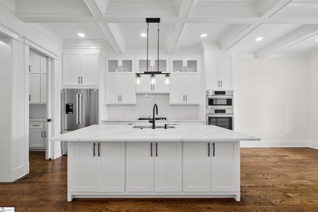 1 Mapleton Dr, Greenville, SC 29607 - kitchen featuring coffered ceiling, a sink, recessed lighting, white cabinetry, and tasteful backsplash