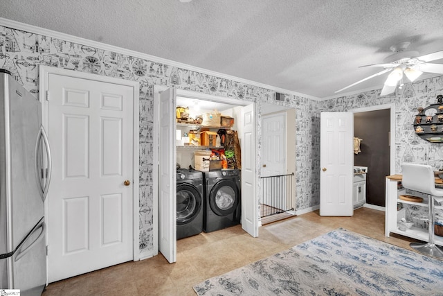 washroom with crown molding, a textured ceiling, ceiling fan, and light tile patterned floors