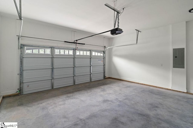 garage with electric panel, baseboards, and a garage door opener