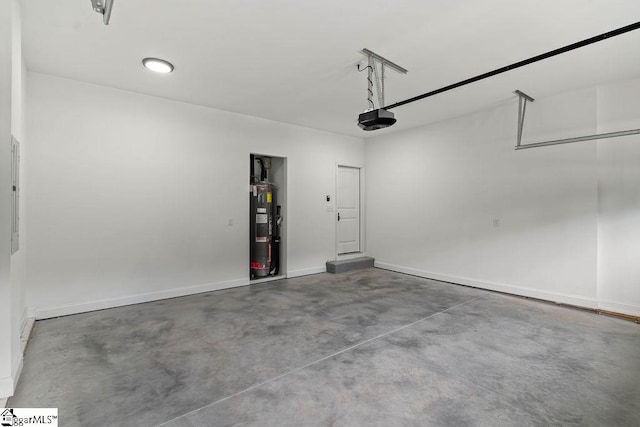 garage with water heater, baseboards, and a garage door opener