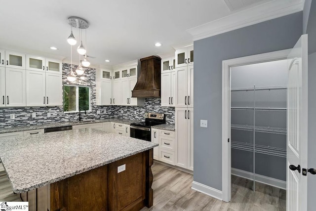 kitchen with light wood finished floors, electric range, decorative backsplash, custom exhaust hood, and a sink