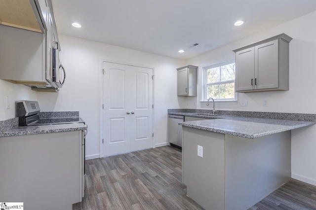 kitchen featuring gray cabinetry, sink, stainless steel appliances, and dark hardwood / wood-style floors