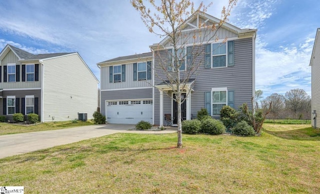 view of front of property featuring concrete driveway, central air condition unit, an attached garage, board and batten siding, and a front lawn