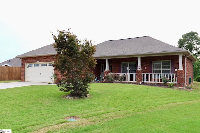 single story home with a garage, covered porch, and a front yard