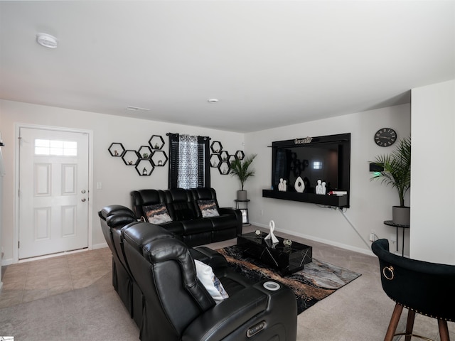 living room featuring light carpet