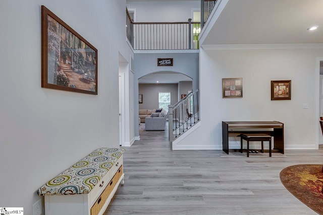 foyer entrance with hardwood / wood-style floors and a high ceiling