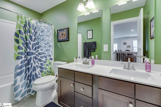 full bathroom featuring dual vanity, tile patterned floors, toilet, and shower / tub combo with curtain