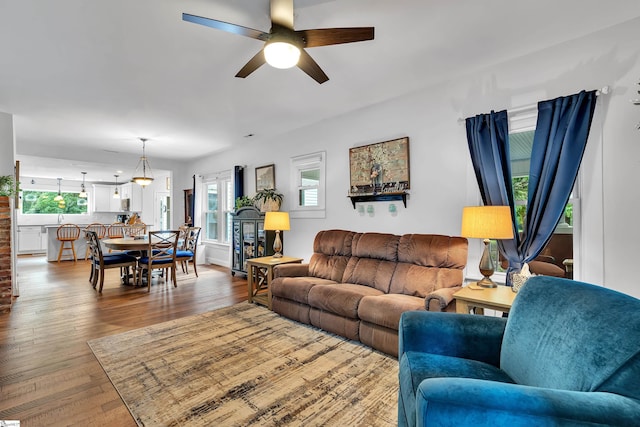 living room featuring wood-type flooring and ceiling fan