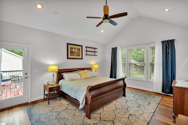 bedroom featuring access to exterior, ceiling fan, wood-type flooring, and high vaulted ceiling