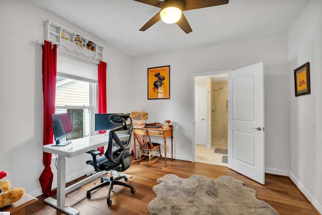 office space featuring ceiling fan and wood-type flooring