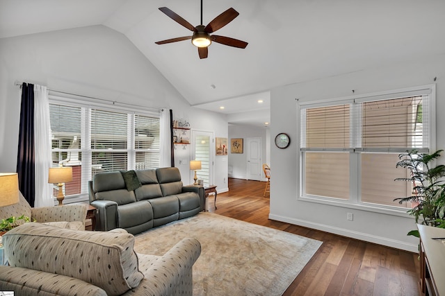 living room with hardwood / wood-style flooring, high vaulted ceiling, a wealth of natural light, and ceiling fan