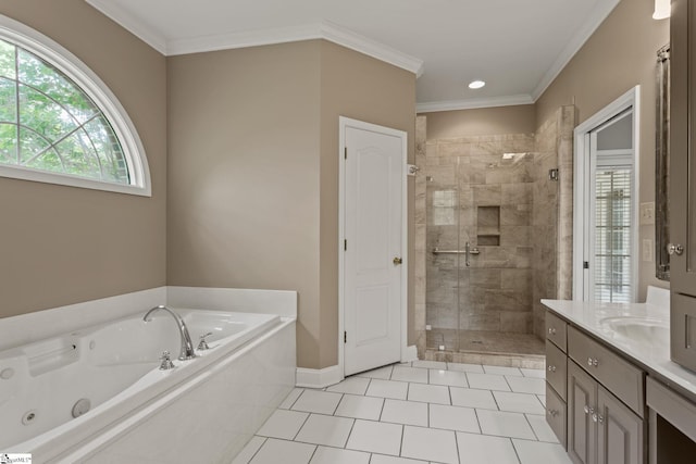 bathroom with vanity, separate shower and tub, ornamental molding, and tile patterned flooring