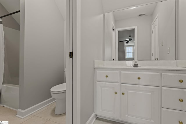 full bathroom with toilet, ceiling fan, shower / tub combination, tile patterned flooring, and vanity