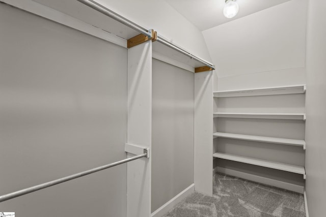 spacious closet with carpet and vaulted ceiling