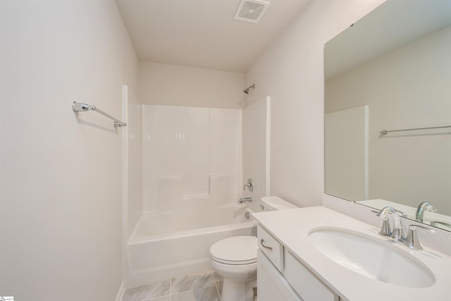 full bathroom with shower / bathing tub combination, vanity, toilet, and tile patterned flooring