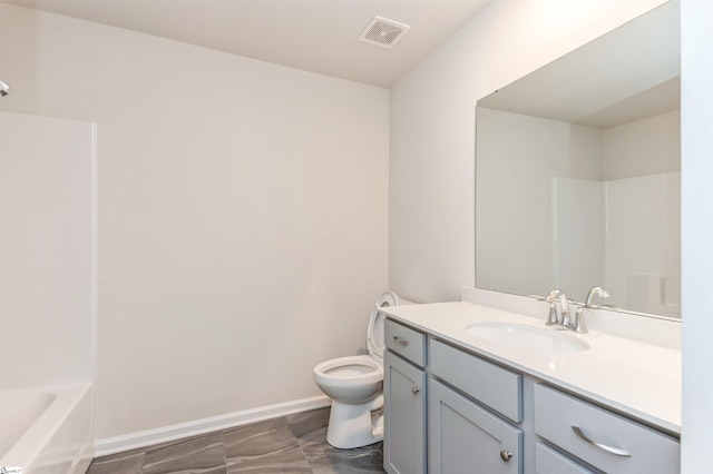 full bathroom with shower / bath combination, toilet, tile patterned floors, and vanity