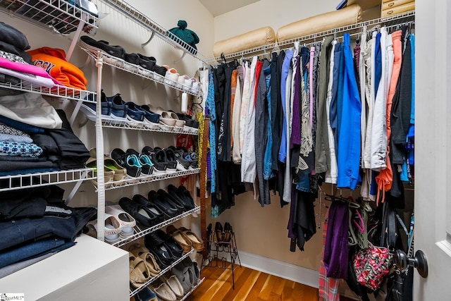 walk in closet with hardwood / wood-style flooring