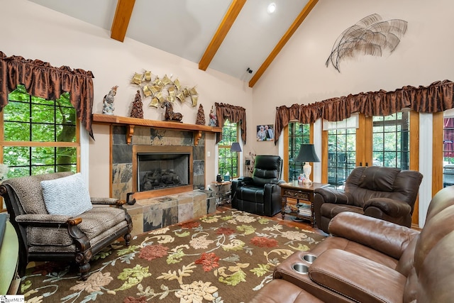 living room featuring hardwood / wood-style floors, high vaulted ceiling, a fireplace, beamed ceiling, and french doors