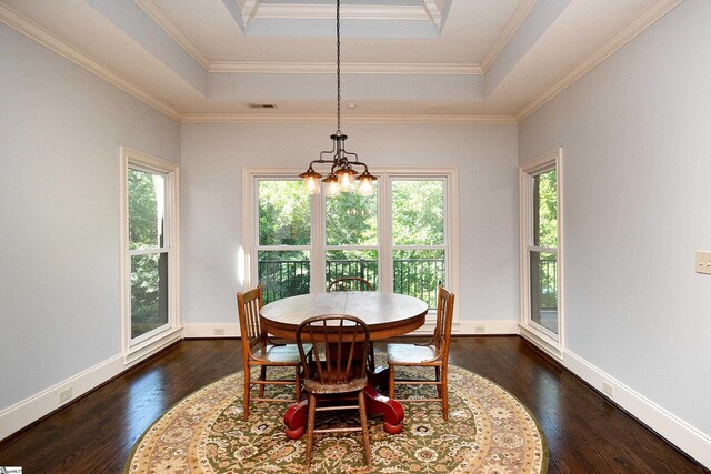 dining room featuring dark hardwood / wood-style flooring, a chandelier, ornamental molding, and a tray ceiling