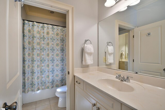 full bathroom with shower / bath combination with curtain, crown molding, toilet, vanity, and tile patterned flooring