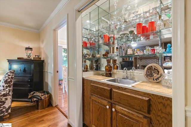 bar featuring ornamental molding, sink, and light wood-type flooring