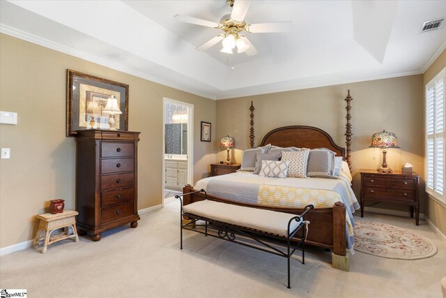 bedroom featuring ceiling fan, carpet flooring, and ornamental molding