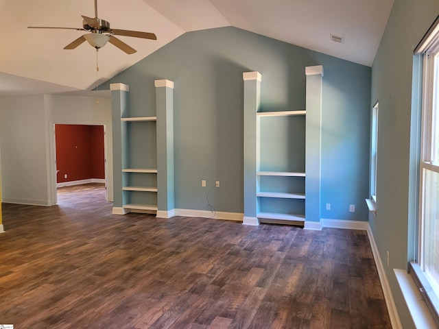 unfurnished bedroom with ceiling fan, lofted ceiling, and hardwood / wood-style flooring