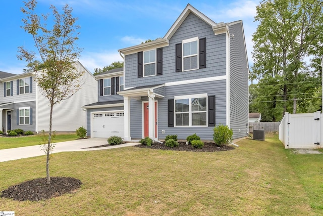 view of front of home with a front lawn, central AC unit, and a garage