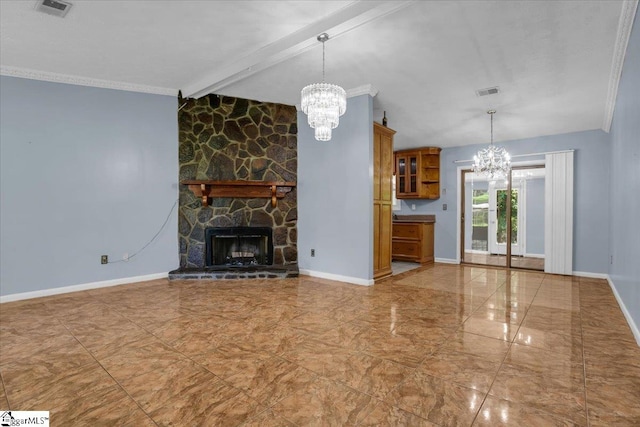 unfurnished living room with a stone fireplace, a chandelier, tile patterned flooring, and beam ceiling